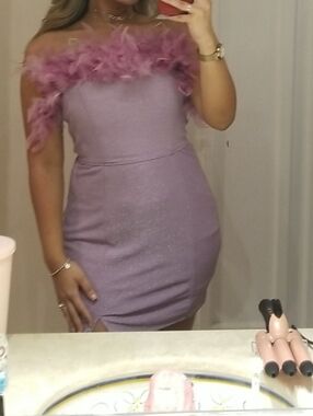 Missguided Lilac One-Shoulder Feather Trim Dress